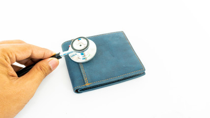 stethoscope check money on empty wallet bag