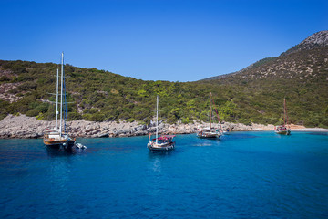 Fototapeta na wymiar Yacht on the sea, beautiful bay in Turkey, Bodrum. Aegean coast