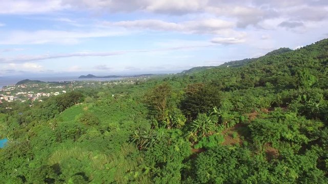 Los Ba&ntilde;os, Laguna, Philippines - November 21, 2017: Mountain rainforest modern housing built. Drone Aerial