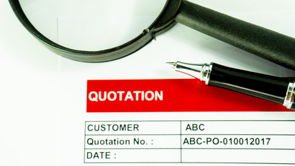 Quotation business document close up with pen for sign