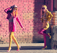 Hipster Woman near Brick Wall. Design Pop Art