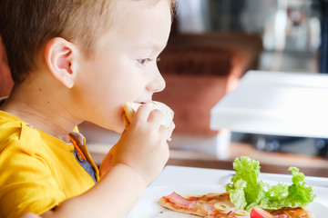 Little boy eating a small pizza