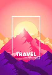Vector illustration flat travel adventure climb to the top of the mountain poster. Silhouette nature mountains in morning and evening sun in modern colors.