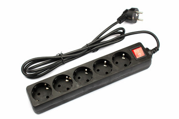 Black plastic power strip on white background