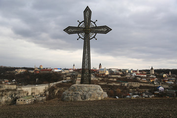 Big metal cross in Kamianets-Podilskyi city, western Ukraine