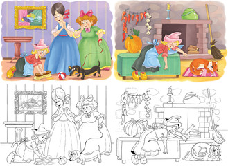 Obraz na płótnie Canvas Cinderella. Fairy tale. Coloring page. Illustration for children. Cute and funny cartoon characters