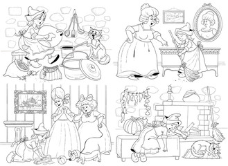 Fototapeta na wymiar Cinderella. Fairy tale. Coloring page. Illustration for children. Cute and funny cartoon characters