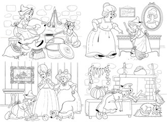 Cinderella. Fairy tale. Coloring page. Illustration for children. Cute and funny cartoon characters