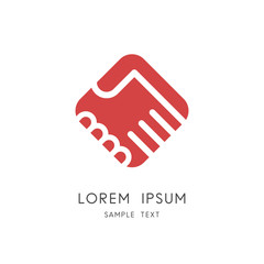 Business handshake logo - two hands make an agreement on the red square background. Teamwork and cooperation, partnership and synergy vector icon.