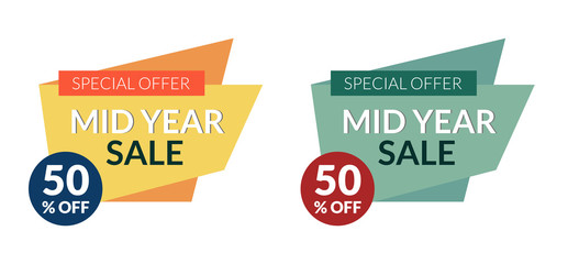 Set of 2 colorful mid year sale banner with 50 percent off sale. Designed for web, mobile apps, business promotion and different prints.