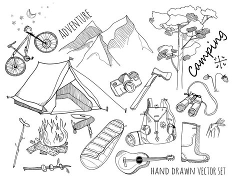 Hand Drawn Camping Elements. Various Adventure Stuff. Graphic Vector Set