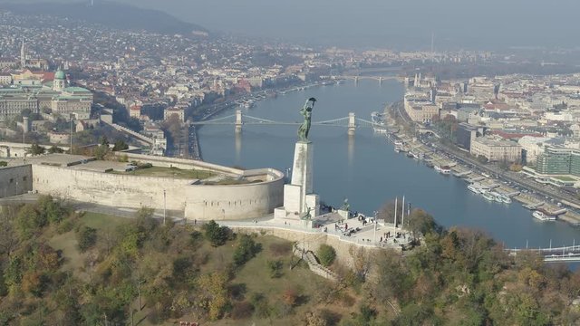 Drone Aerial Budapest 4K Liberty Statue, Citadella, Royal Palace, Elisabeth Bridge, chain bridge