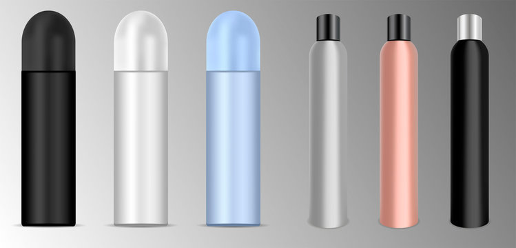 Deodorant or lacquer spray bottles set. Different colours vector illustration. Cosmetic product ads. Round aluminum can packaging with plastic caps.