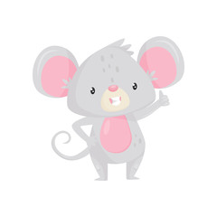 Obraz na płótnie Canvas Cute little mouse standing and showing thumb up. Funny cartoon character. Flat vector icon