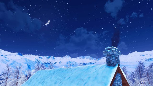 Snow covered roof and smoking chimney of alpine rural house among snowy mountains under starry night sky with half moon. Winter season countryside scenery 3D animation rendered in 4K