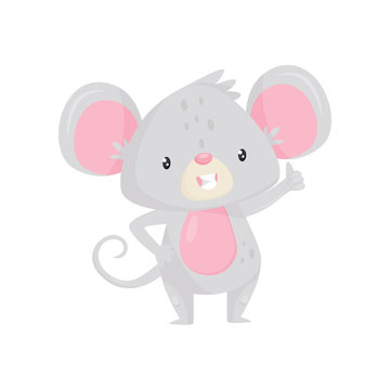 Cute little mouse standing and showing thumb up. Funny cartoon character. Flat vector icon