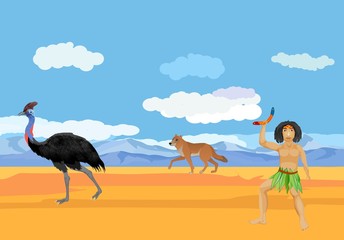 Australian natural wildlife landscape, emu ostrich, aboriginal man, dingo.