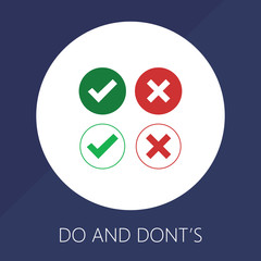 Do and Dont check tick mark and red cross icons isolated on white background. Vector checklist or choice option symbols in circle frame. Flat design symbols.