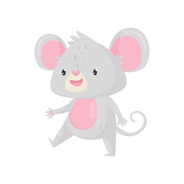 Cute mouse walking with happy face. Funny gray rodent with pink belly, big ears and long tail. Flat vector icon