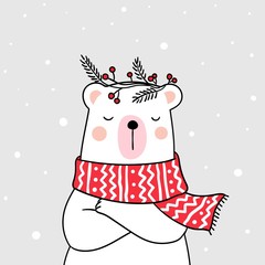Draw white bear with beauty sweater in snow