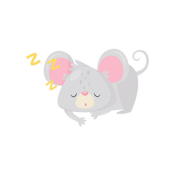 Little sleeping mouse. Adorable gray rodent with big ears and long tail. Cartoon character. Flat vector icon