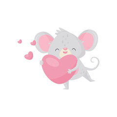 Enamored little mouse holding pink heart in paws. Cartoon character with big ears and long tail. Flat vector design