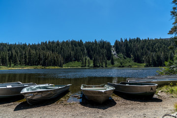 Obraz premium Aluminum boats parked on the shore of a lake with a waterfall in the middle of a background pine forest