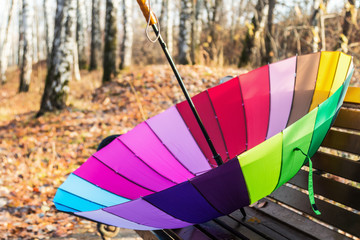 open colored umbrella lying on a bench in the autumn Park
