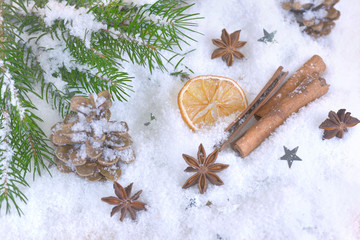 anise star and cinnamon on snow and in christmas and winter decoration