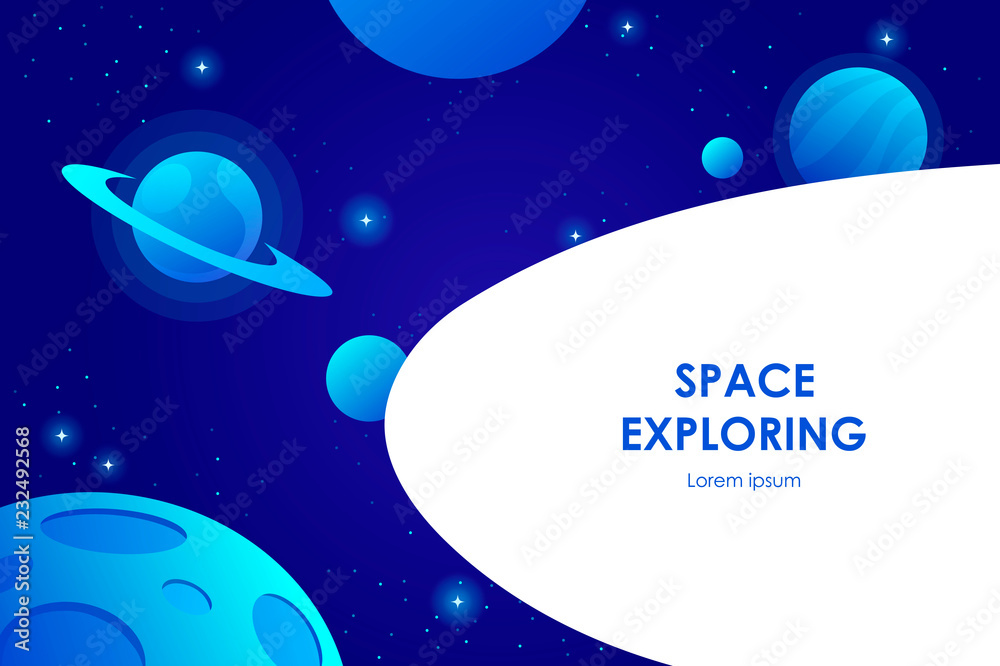 Wall mural blue horizontal space background with abstract shape and planets. cover template, banner, presentati