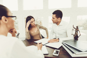 Young Couple Came To Lawyer. Divorce Concept.