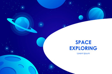 Fototapeta premium blue horizontal space background with abstract shape and planets. Cover template, banner, presentation. Web design. vector illustration.