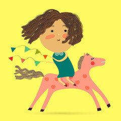 Small Girl riding a horse with holiday garland flags. Cute funny Girl riding a Horse with holiday garland flags. Vector cartoon.
