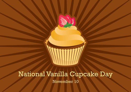 National Vanilla Cupcake Day vector. Cupcake isolated on a brown background. Vanilla cupcake with strawberry vector illustration. Important day