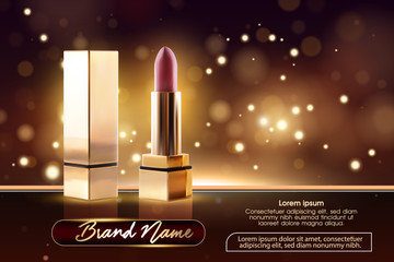 Cosmetics beauty series, ads of premium female lipstick for skin care. Template for design poster, placard, presentation, banners, cover, vector illustration.
