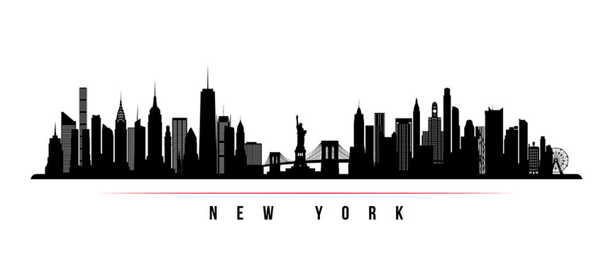 New York city skyline horizontal banner. Black and white silhouette of New York city, USA. Vector template for your design.