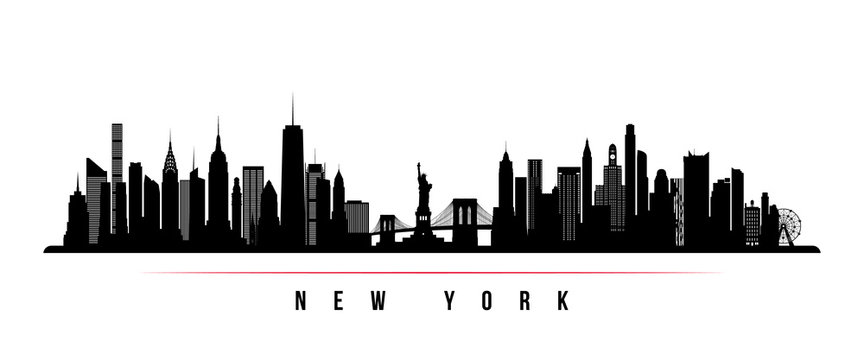 New York city skyline horizontal banner. Black and white silhouette of New York city, USA. Vector template for your design. © greens87