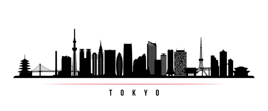 Tokyo city skyline horizontal banner. Black and white silhouette of Tokyo city, Japan. Vector template for your design. © greens87