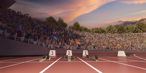 Running track. 3D illustration. Professional athletics stadium. Starting line with starting block  - obrazy, fototapety, plakaty