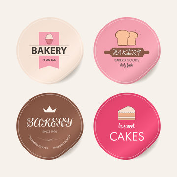 Collection of vintage bakery logo badges and sticker labels.