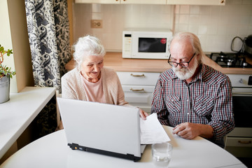 Elderly couple hold papers using laptop for online banking in cozy kitchen, satisfied senior couple smiling while browsing their family photos on digital gadget. Age, users and technology concept