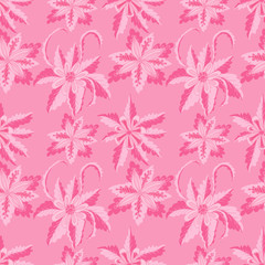 Pink colorful hand drawn doodle floral seamless pattern.  Abstract tropical fantasy flowers, leaves, hawaiian pattern. Cartoon flora. Vector background.