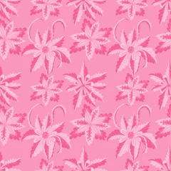 Selbstklebende Fototapeten Pink colorful hand drawn doodle floral seamless pattern.  Abstract tropical fantasy flowers, leaves, hawaiian pattern. Cartoon flora. Vector background. © _aine_
