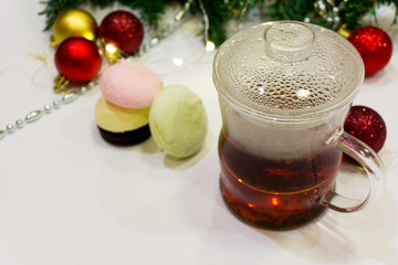 tea marshmallows cookies new year garland lights christmas tree