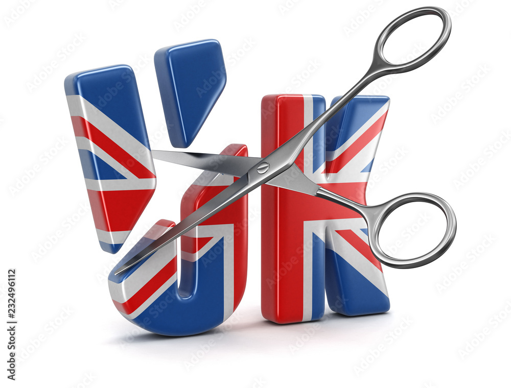 Poster scissors and text uk with flag. image with clipping path