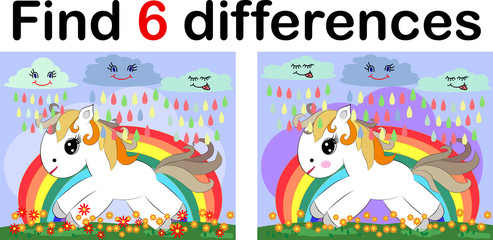 Find differences, education game for children. Fairy ponies and rainbow