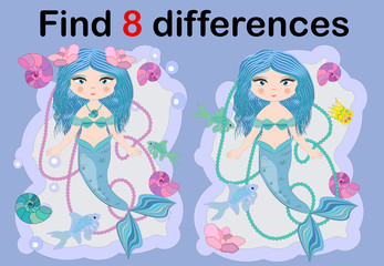 Education game for preschool kids, find the differences. Beautiful mermaid with a string of pearls. Cartoon illustration.