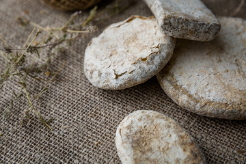 Goat cheese on the rough fabric with a sprig of lavender on a dark background