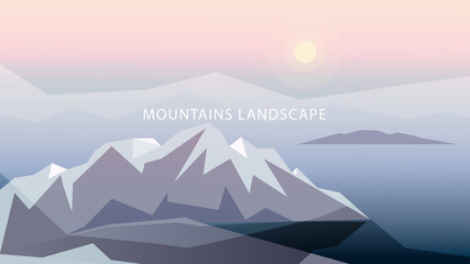 Highlands in gentle tones vector illustration. Mountains, sun, o