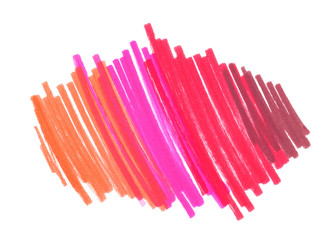 Orange, red and pink scribbles and lines painted in highlighter felt tip pen on clean white background